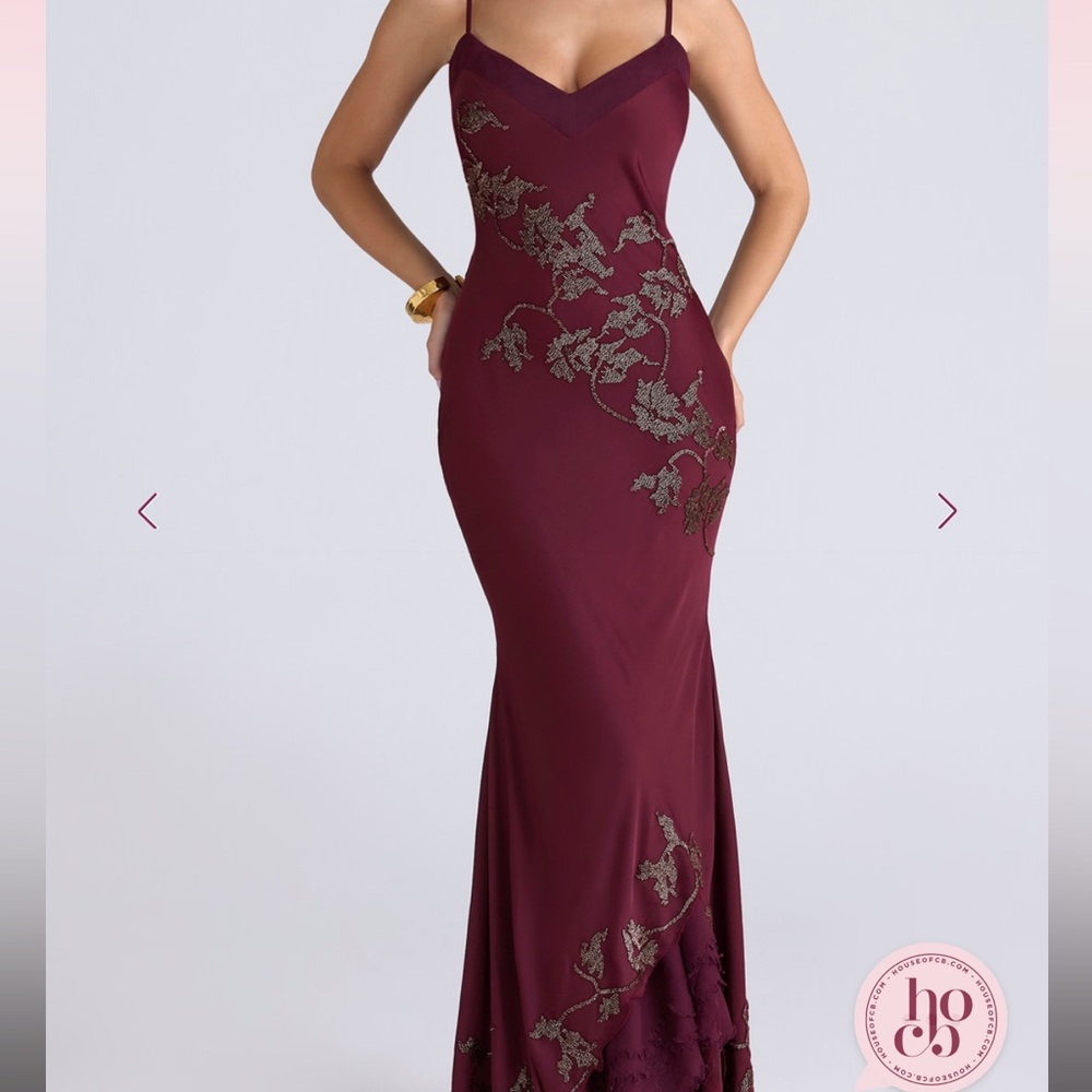 House of CB Limited Edition Anastelle Burgundy Dress with Floral Accents NWT - Picture 2 of 6